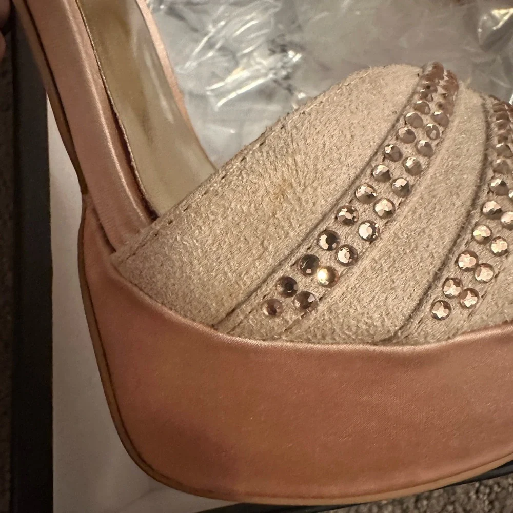 bebe Blush Pink Platform Peep-Toe Ankle Strap Heels